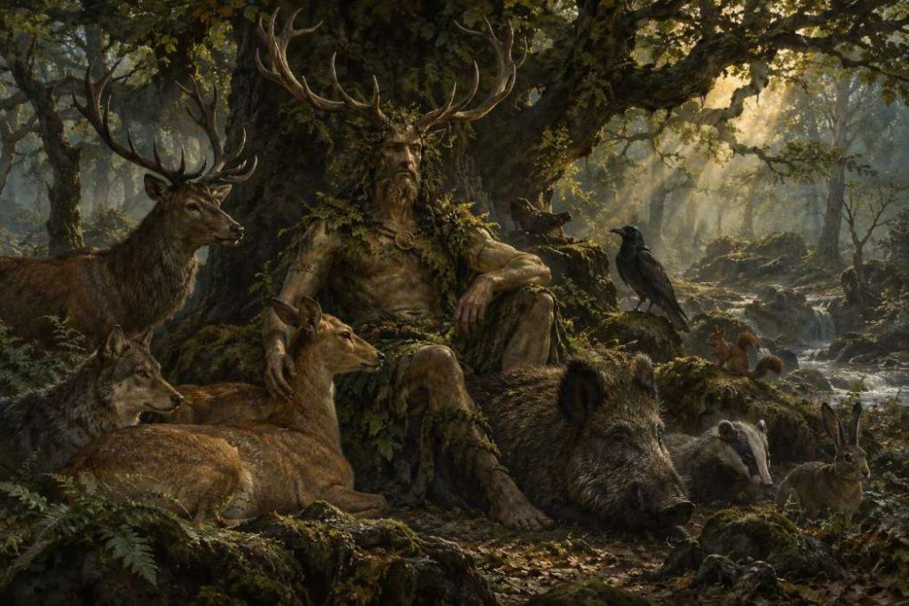 The Gods of Ireland’s Ancient Woodlands 4 Cernunnos, shown as a seated antlered figure, surrounded by deer, wolves and other animals in a forest.