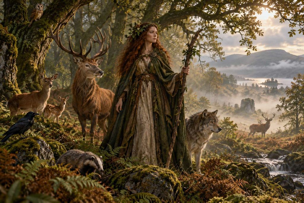 The Gods of Ireland’s Ancient Woodlands 2 Flidais stands among deer and other wild animals in a sunlit woodland clearing.