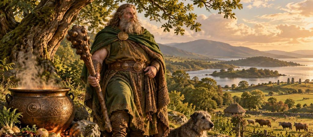 The Gods of Ireland’s Ancient Woodlands 3 The Dagda stands beside his cauldron and club, with food, cattle and green countryside around him.