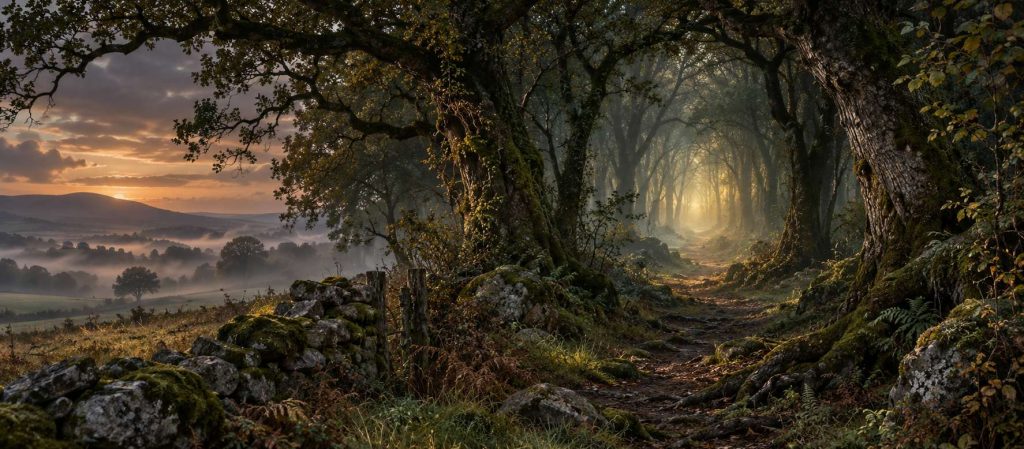 The Gods of Ireland’s Ancient Woodlands 6 A misty woodland path leads between ancient trees towards a distant golden light.