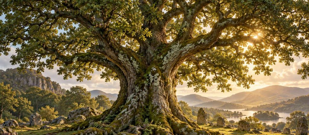 The Gods of Ireland’s Ancient Woodlands 5 A massive old oak stands among stones in a sunlit landscape.