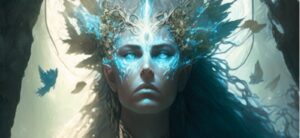 Forests and Woodlands in Irish Mythology 4 Artistic depiction of a Tuatha Dé Danann forest-spirit emerging from an ancient Irish woodland