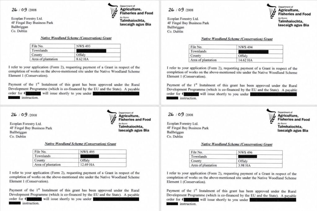 Native Woodland Conservation in Ireland 3 Forest Service payment approvals for four Native Woodland Conservation Scheme projects completed by Ecoplan Forestry in 2008, covering almost 40 hectares of native woodland.