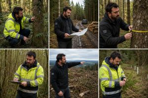 About Us 1 Professional forester and forestry consultant inspecting woodland, measuring trees, reviewing forest maps and assessing plantations in Ireland