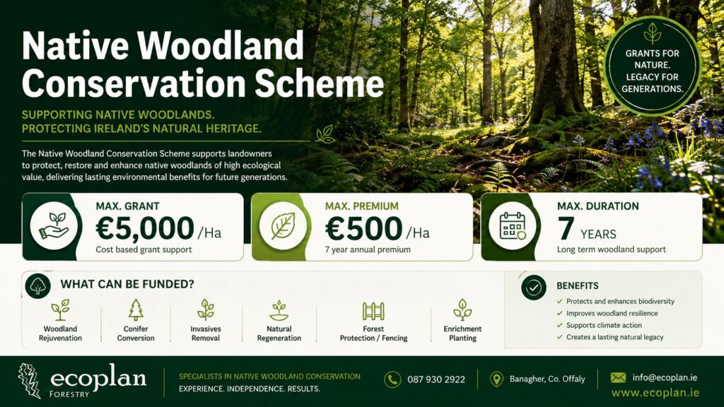 Native Woodland Conservation in Ireland 3 Native Woodland Conservation Scheme infographic showing grants, premiums and eligible woodland conservation works